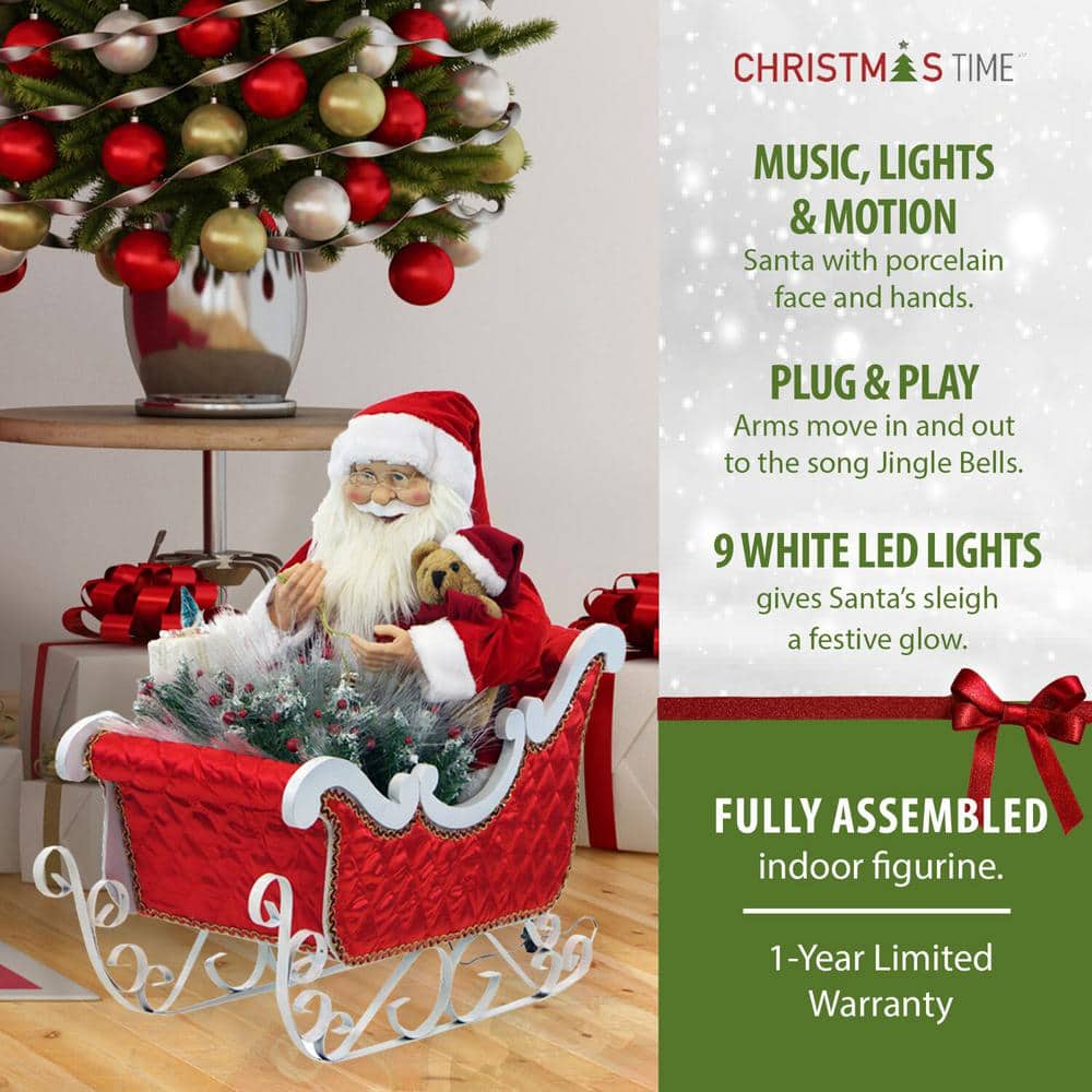 28 in. Christmas Animated Santa Claus in Sleigh with Music, Lights and Motion - Hercitys