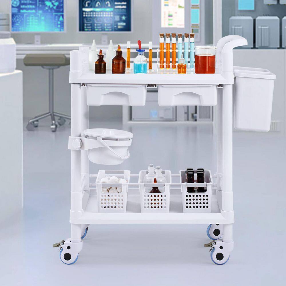 2 Tiers Lab Carts, Mobile Medical Cart with PP Material, 2 Drawers & 4 Silent Wheels, White Plastic Kitchen Cart - Hercitys