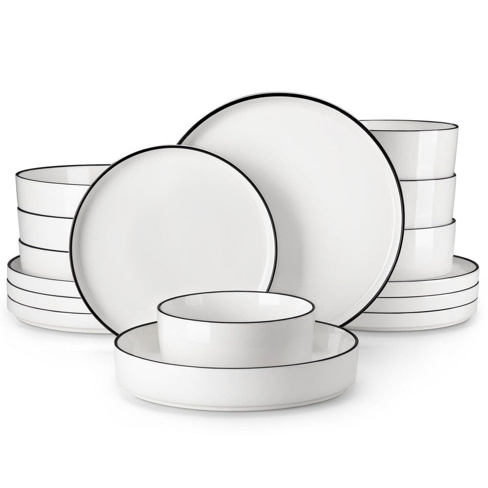 16-Piece White Black Rim Porcelain Dinnerware Set Service for 4-Bowls and Plates Set Tableware Round Dinner Set - Hercitys