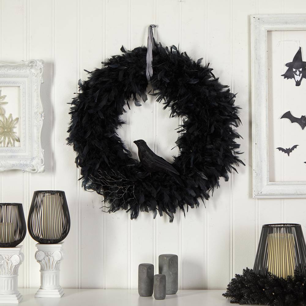 30 in. Black Raven Feather Halloween Wreath - Hercitys