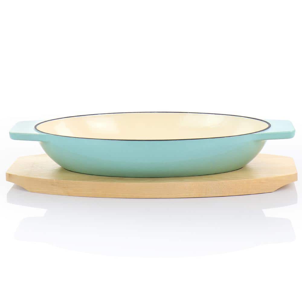 2-Piece Enameled Cast Iron Oval Casserole Birch Wood Trivet Set in Aqua - Hercitys