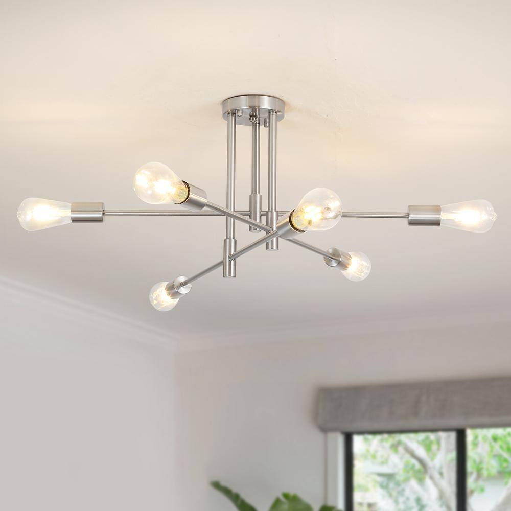 27.56 in. 6-Light Nickel Sputnik Semi- Flush Mount Ceiling Lights with 360°Rotatable Light Arm - Hercitys