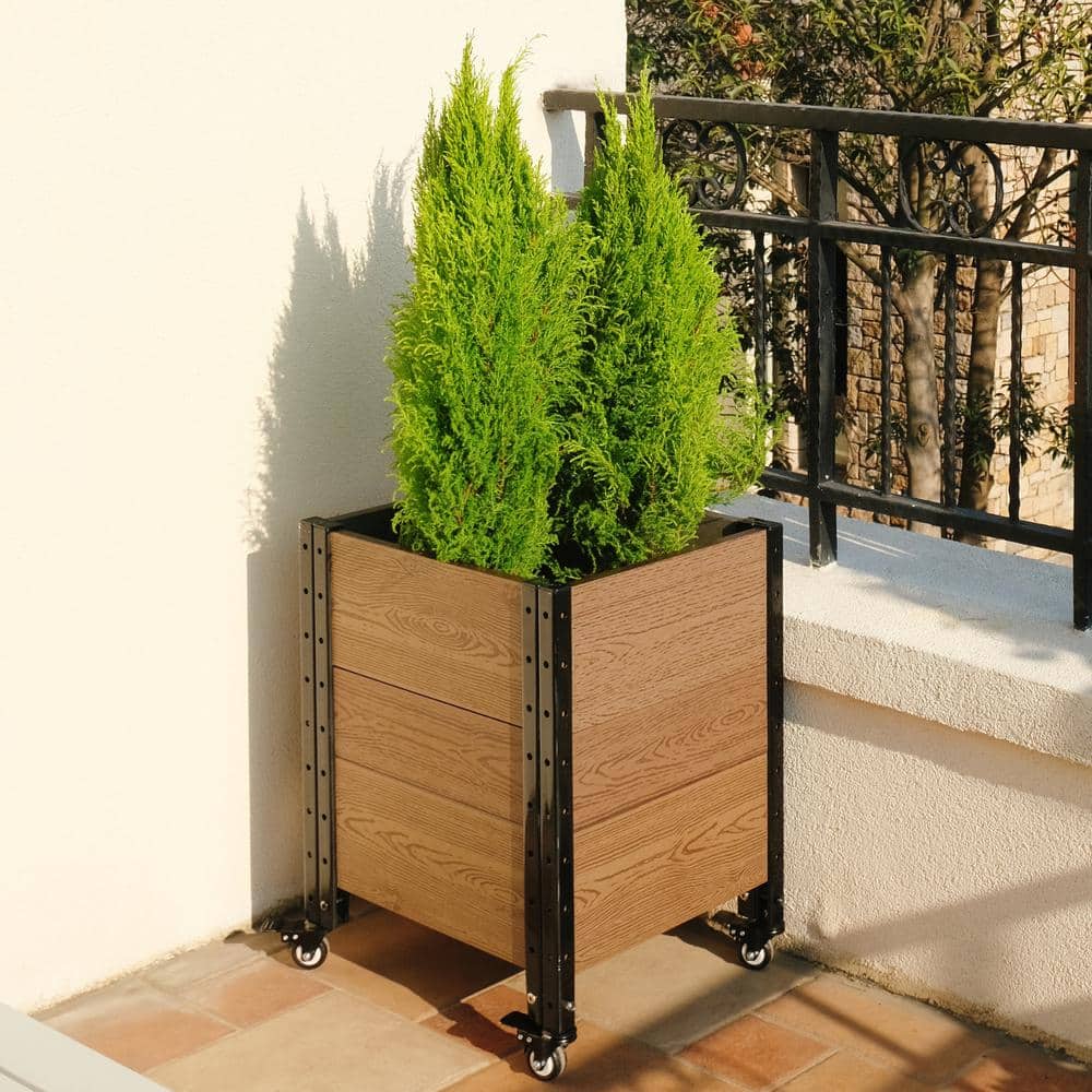 19 in. D x 24 in. H x 17 in. W Brown and Black Composite Board and Steel Mobile Corner Planter Box Raised Garden Bed - Hercitys