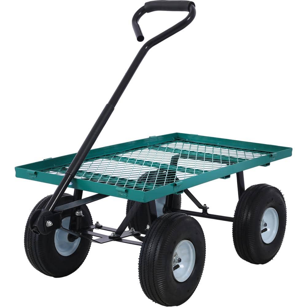 3 cu. ft. Steel Garden Cart with Wheels 500 lbs. Utility Cart Wagon with 180° Rotating Handle and Removable Sides, Green - Hercitys