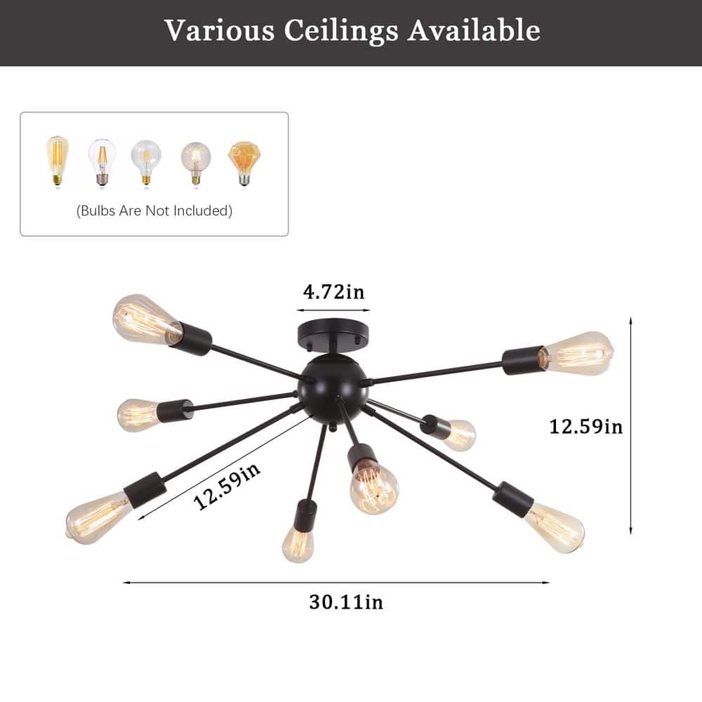 30.11 in. 8-Light Black Modern Linear Semi-Flush Mount with No Bulbs Included - Hercitys