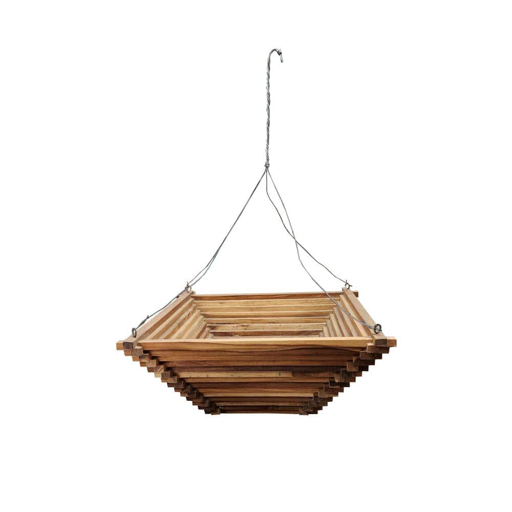 20 in. Brown Teak Wood Square Pyramid Shape Hanging Basket - Hercitys