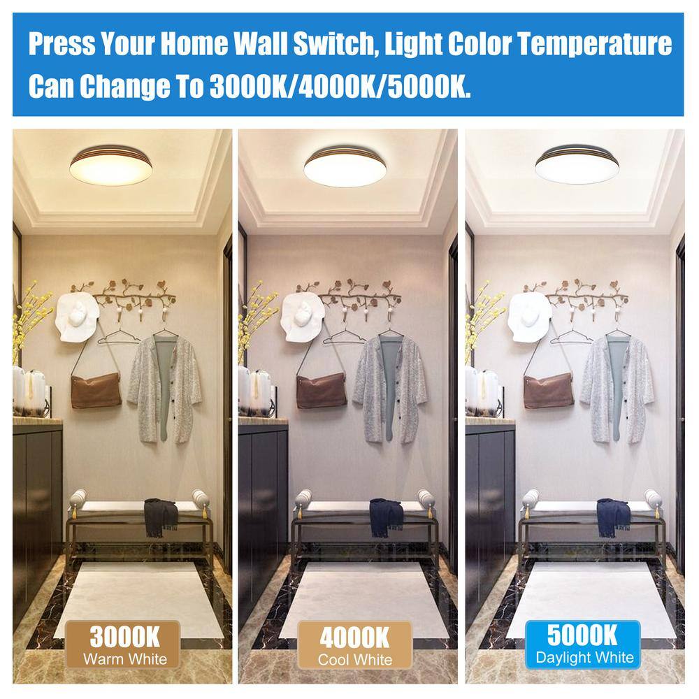 13.2 in. Round White with Faux Wood-Grain Trim Adjustable CCT 3000K/4000K/5000K Dimmable Flush Mount Light Fixture - Hercitys