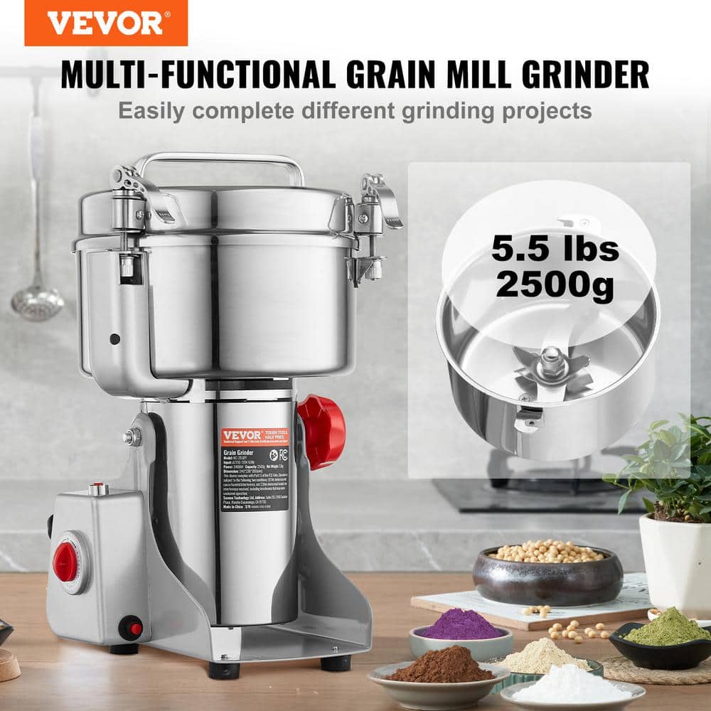 2000g Electric Grain Mill Grinder, High Speed 3400-Watt Commercial Grinders, Stainless Steel Pulverize Powder Machine - Hercitys
