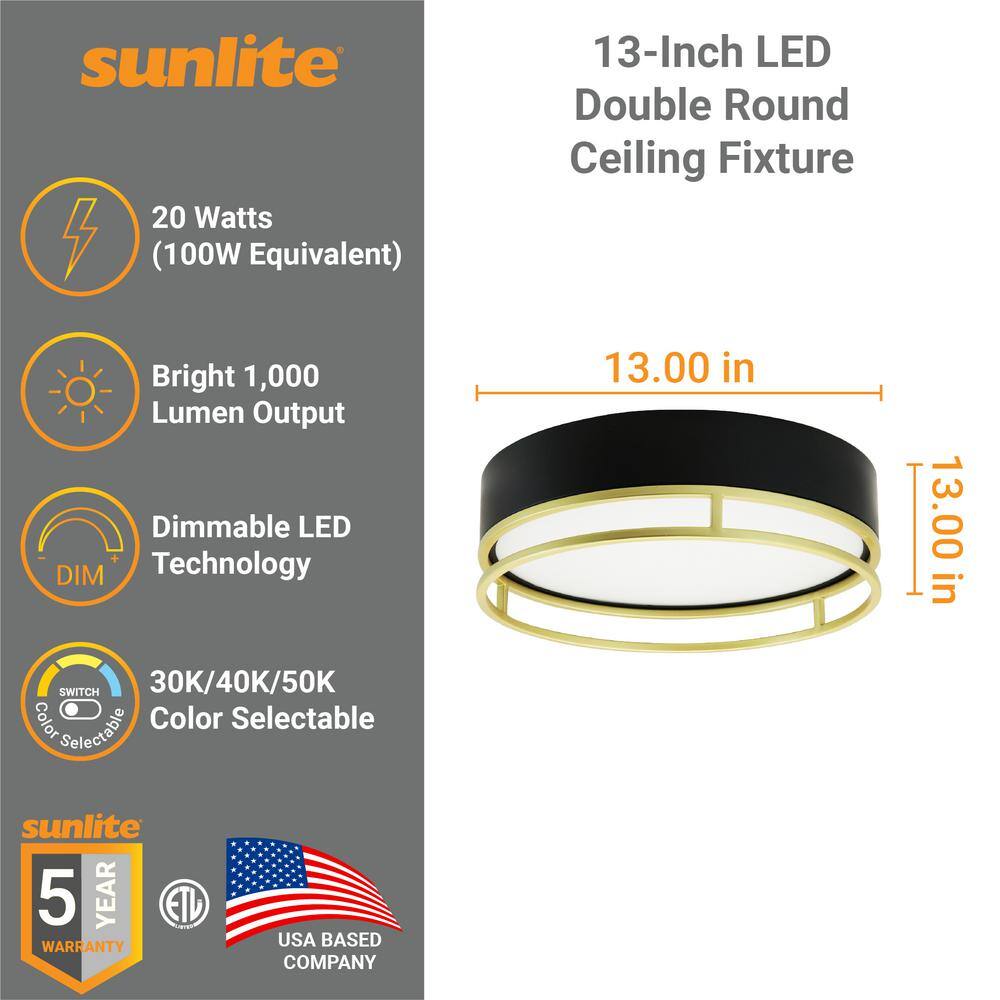 13 in. Black and Gold Flush Mount with Acrylic Shade Integrated LED, Selectable CCT - Hercitys