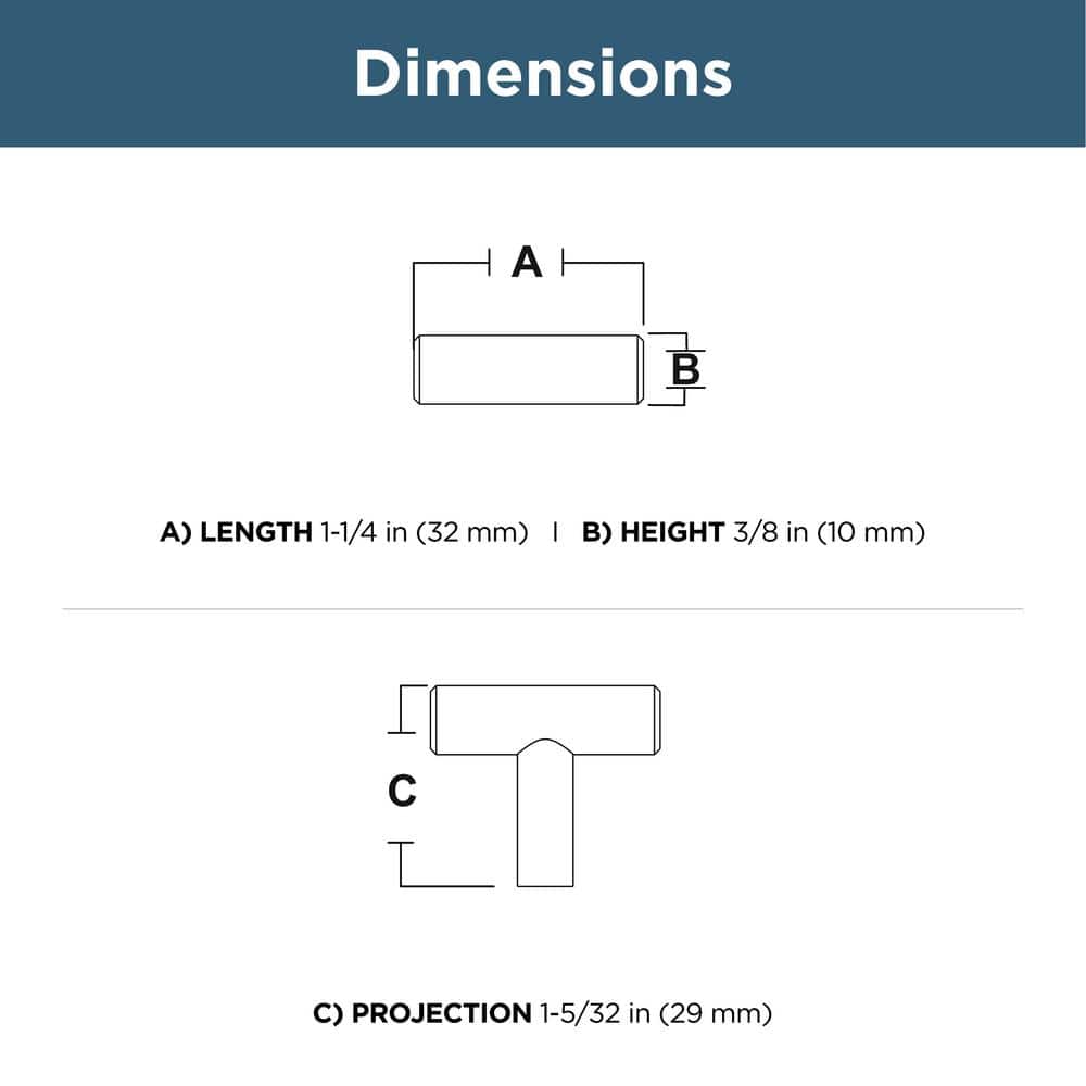 (10-Pack) Simple Bar 1-1/4 in. (32 mm) Modern Matte Black T-Shaped Bar Cabinet Knobs - Hercitys