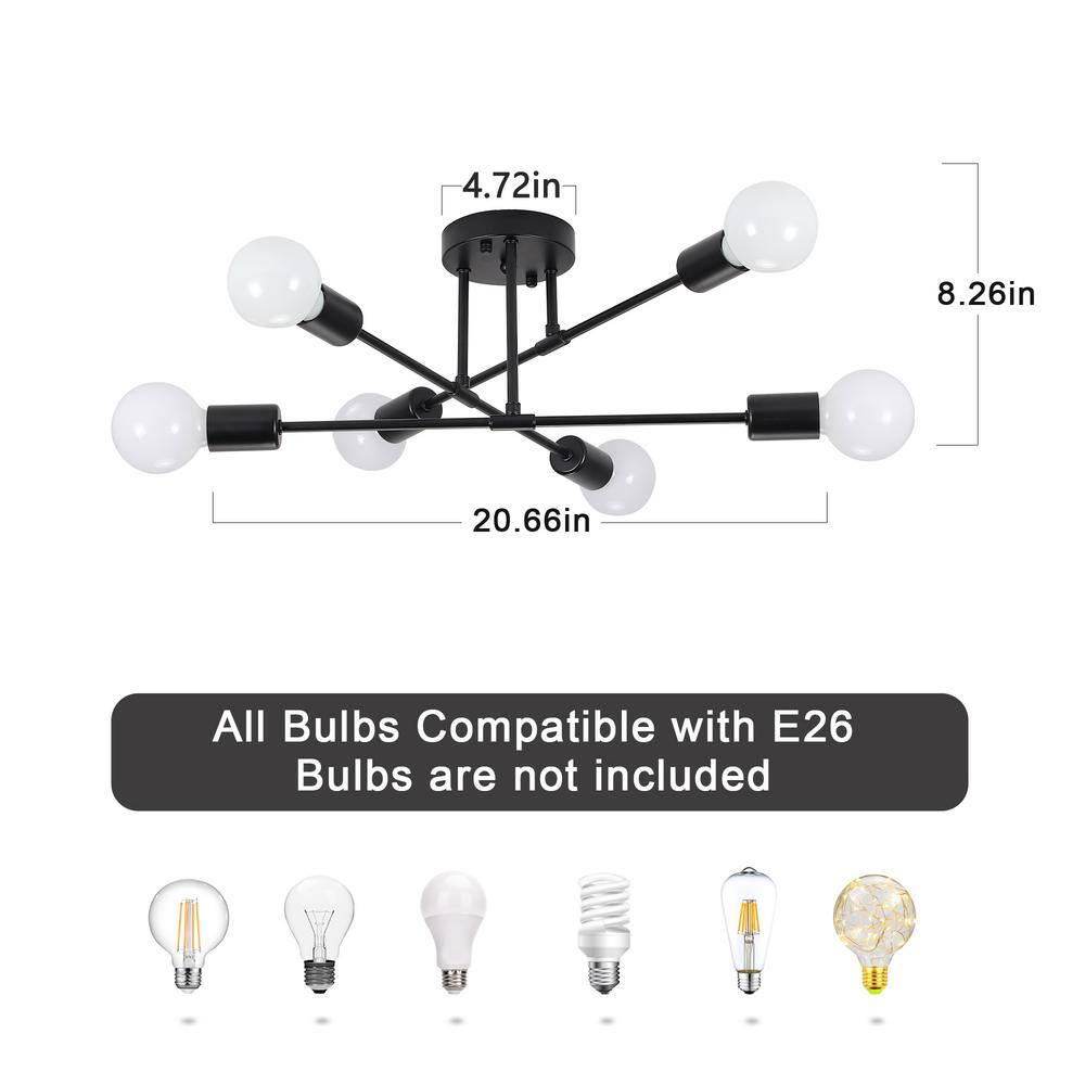 20.66 in. 6-Light Black Sputnik Modern Semi-Flush Mount Ceiling Light - Hercitys