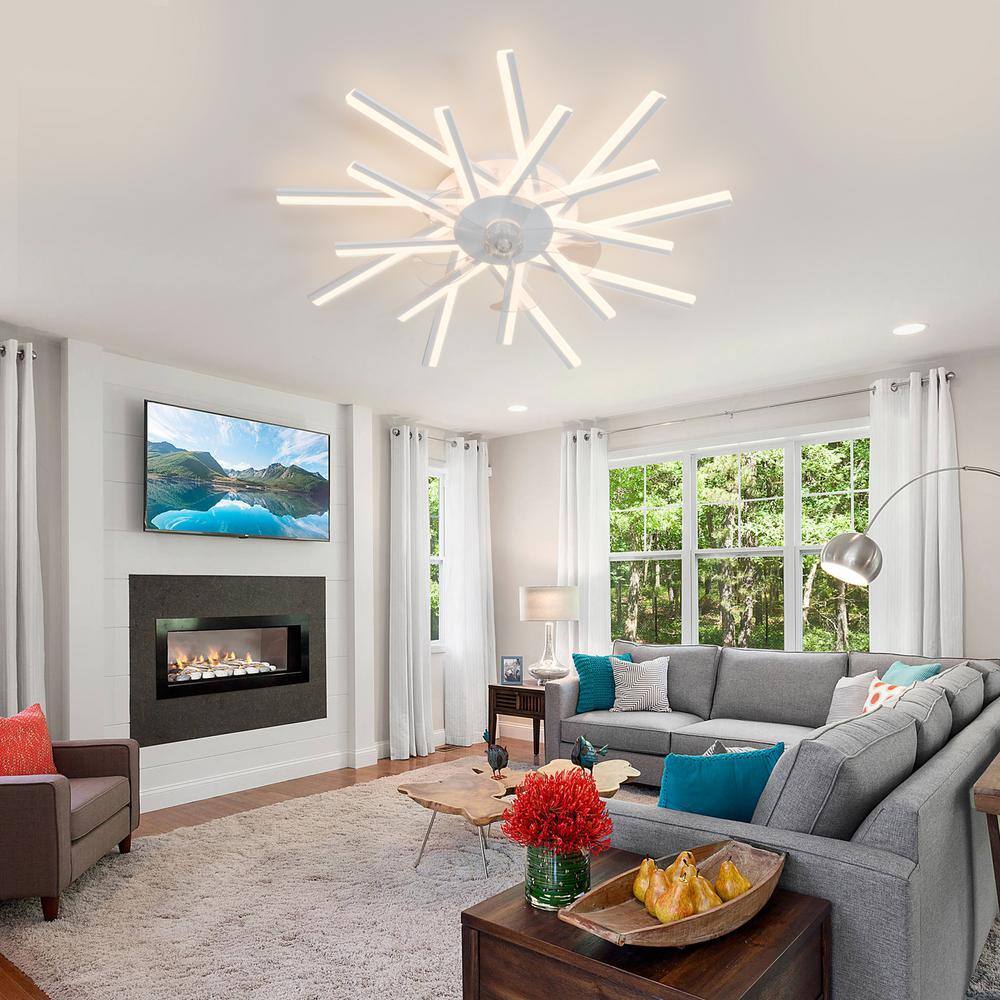 36 in. Indoor White Ceiling Fan with Light, Flush Mount Ceiling Fan with Remote App Control, Dimmable, 3-Color, 6-Speeds - Hercitys