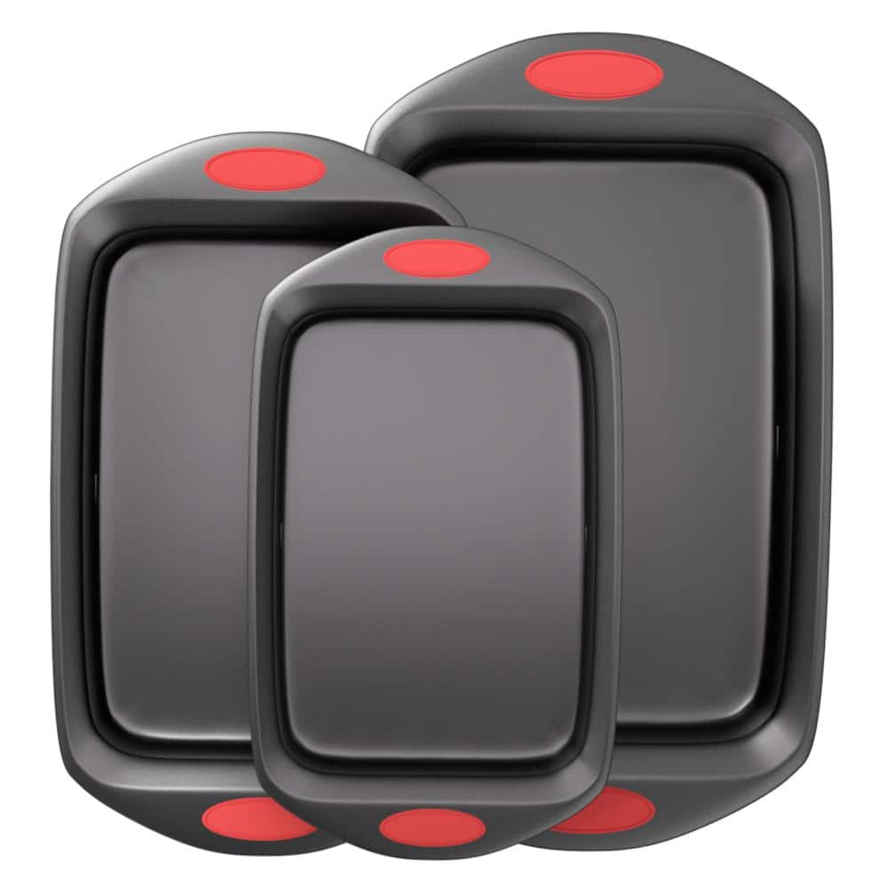 3-Piece Nonstick Baking Pan Sheet with Red Silicone Handles Set - Hercitys