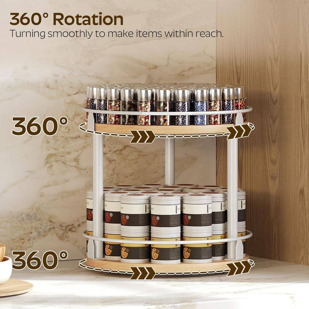 2 Tier Metal Rotating Spice Rack for Kitchen Countertop, Compact and Versatile, White and Natural - Hercitys