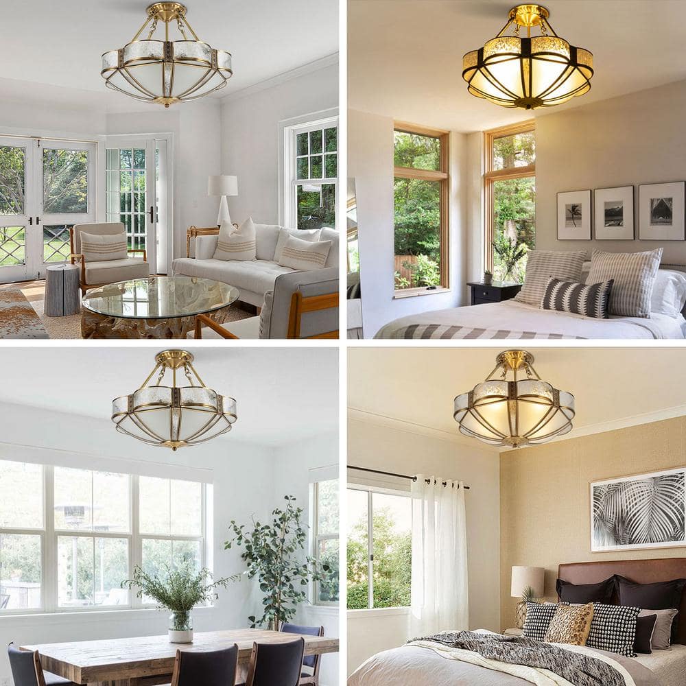 17.71 in. 4-Light Gold Retro Flower-Shaped Semi-Flush Mount Ceiling Light with Glass Shade, No Bulbs Included - Hercitys