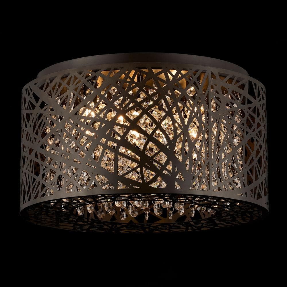 16 in. 7-Light Black Drum Flush Mount Crystal Chandelier with Nest Shaped Shade - Hercitys