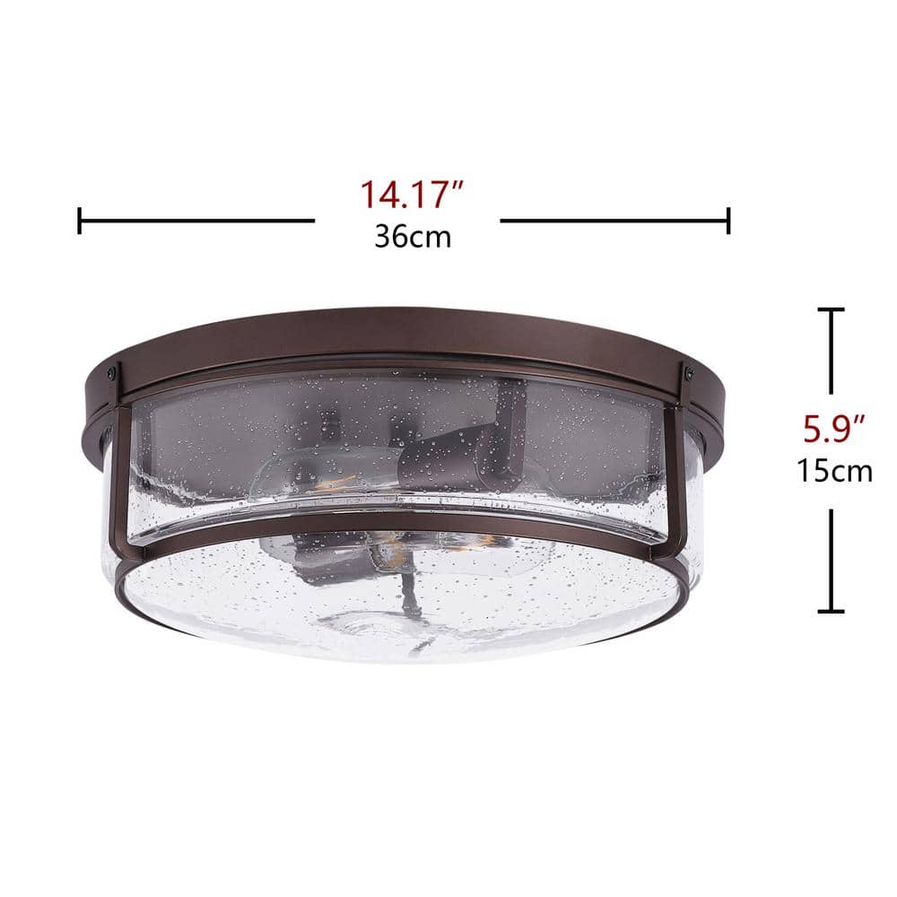 14.17 in. 2-Light Industrial Oil Rubbed Bronze Flush Mount Ceiling Light Fixture with Glass Shade - Hercitys