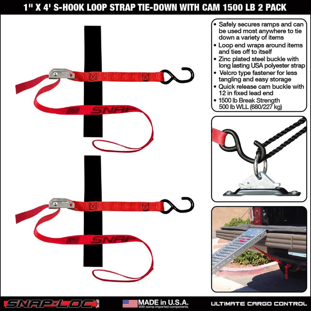 4 ft. x 1 in. S-Hook Cam Strap with Hook and Loop Storage Fastener in Red (2-Pack) - Hercitys
