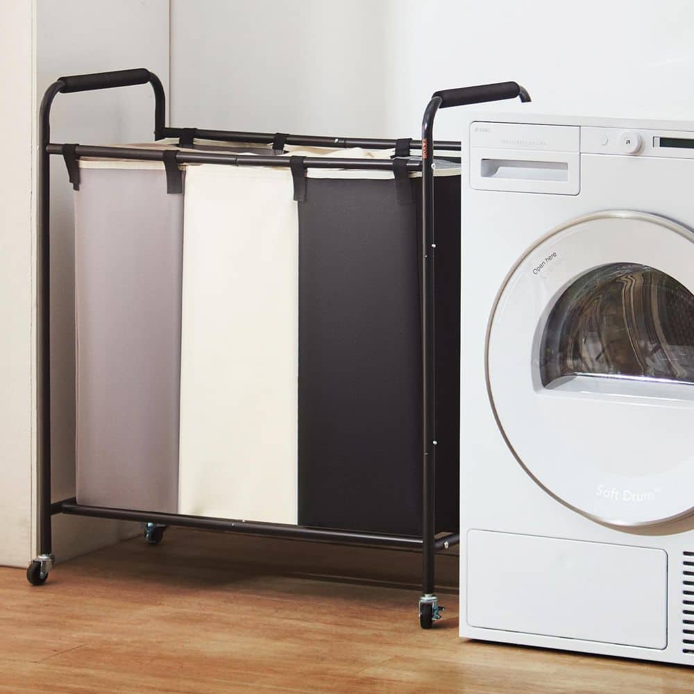 3Section Laundry Basket, Heavy Duty Laundry Hamper Storage Organizer, Laundry Sorter Cart, Wheels Kitchen Cart Black - Hercitys