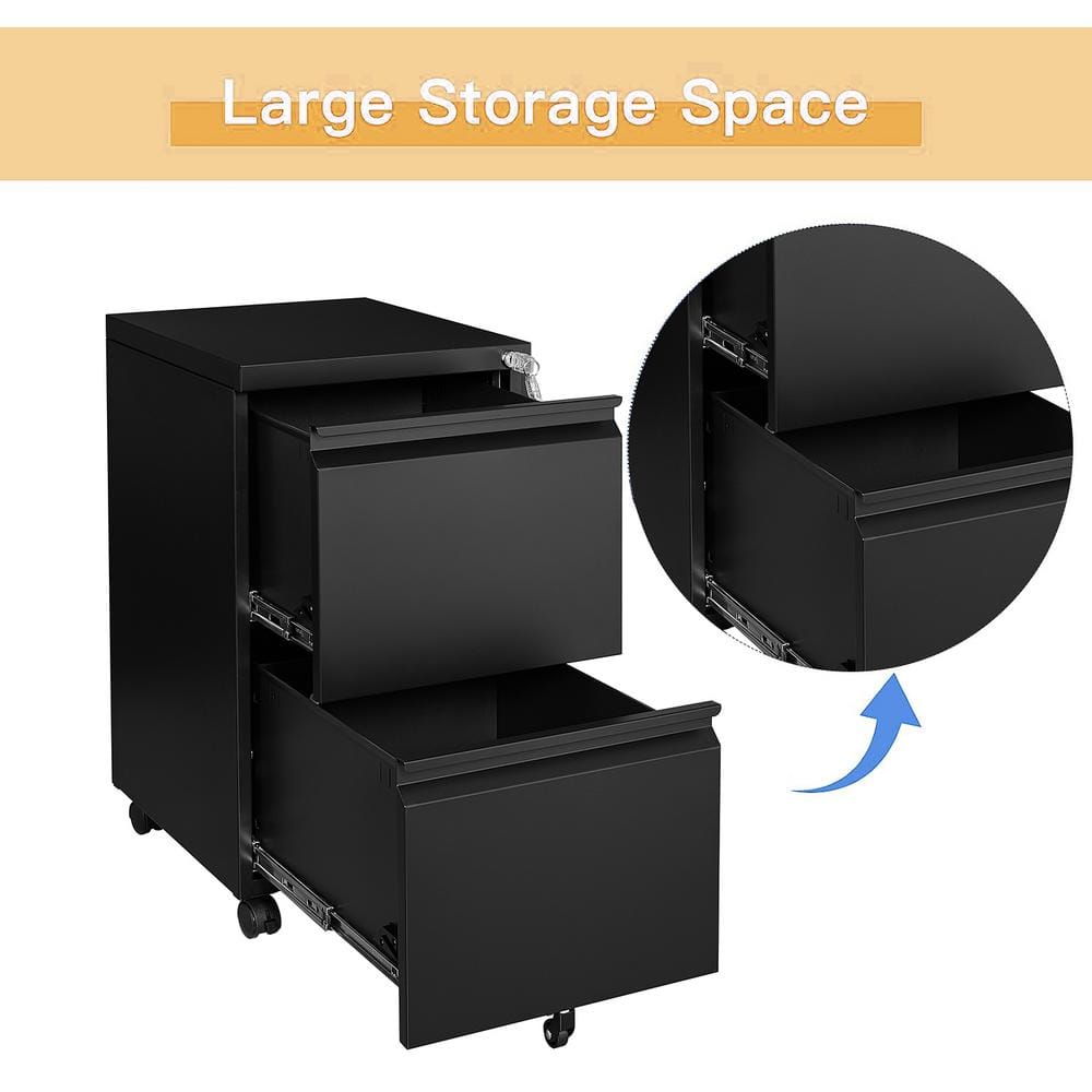 14.57 in. W x 26.18 in. H x 17.32 in. D Black Freestanding Cabinet 2 Drawer Mobile Filling Cabinet with Lock and Wheels - Hercitys