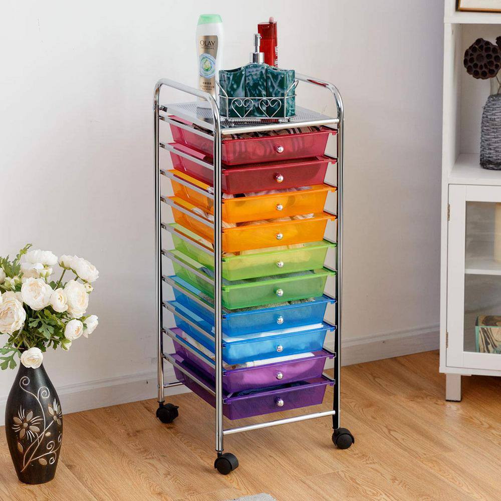 10-Tier Transparent Multicolor Rolling Storage Cart Organizer Steel Kitchen Cart with Plastic Drawers - Hercitys
