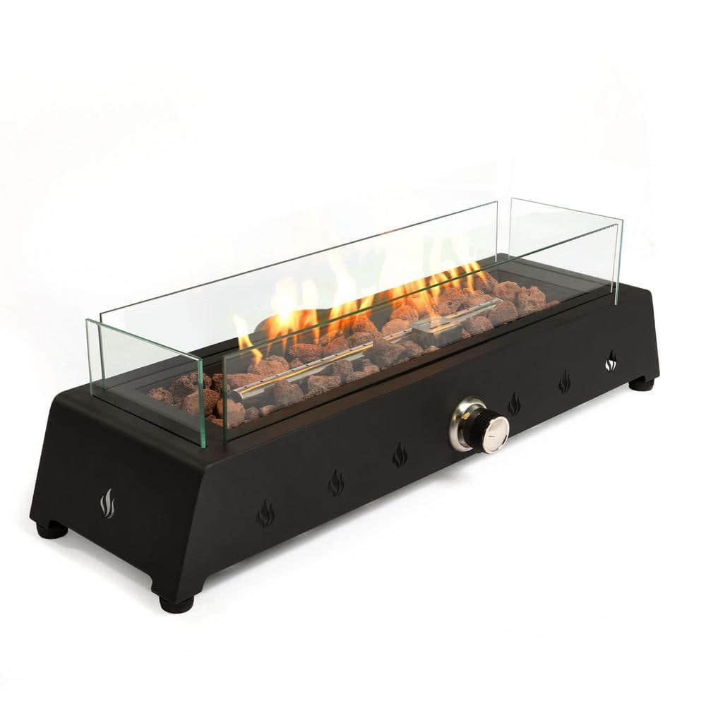 28”Outdoor Portable Fire Pit 30000 BTU Propane Fireplace Rectangle w/Wind Glass Shield, Laval Rocks - Hercitys