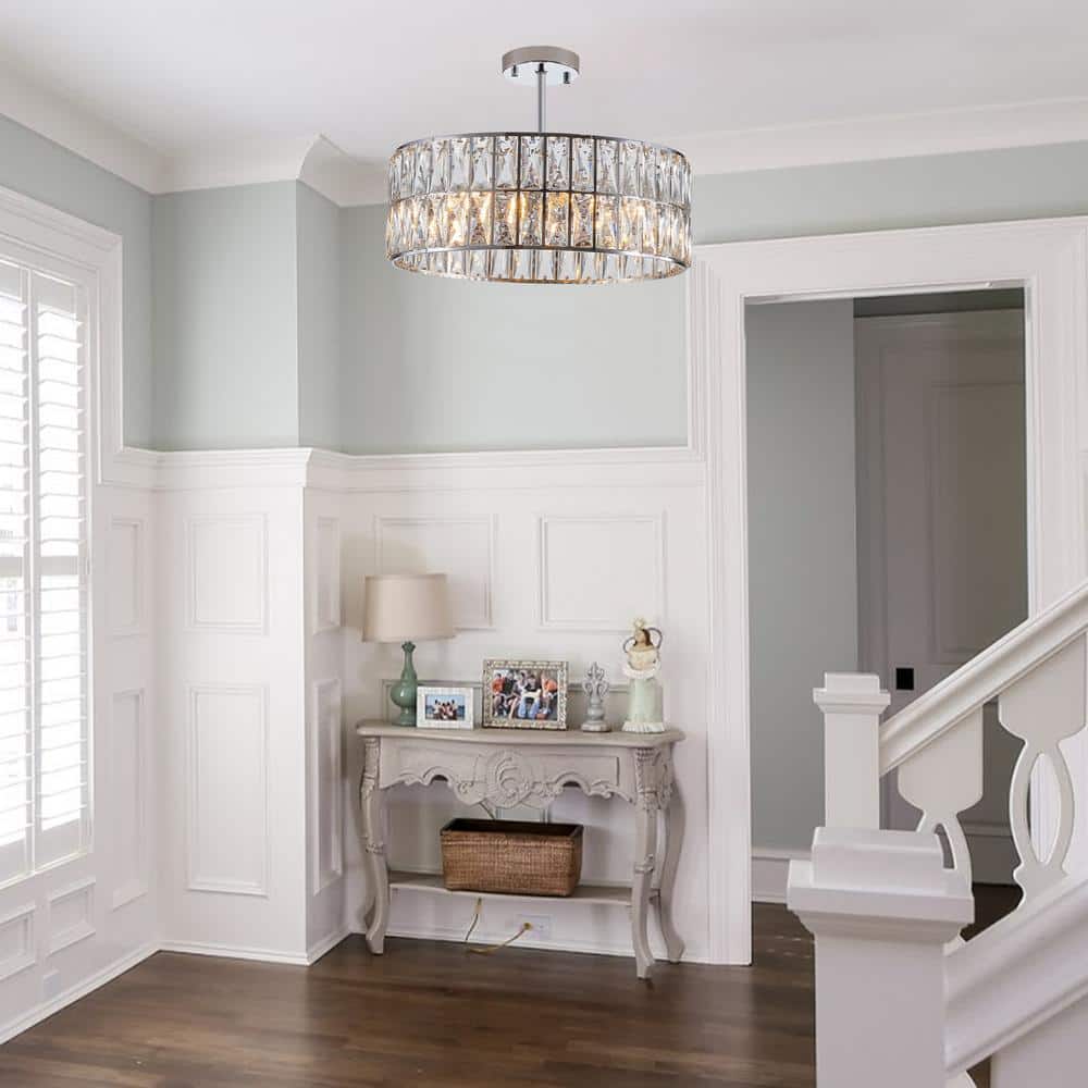 17.7 in. 6-Light Silver Semi-Flush Mount with Crystal Shade and No Bulbs Included Drum Ceiling Lights Crystal Chandelier - Hercitys