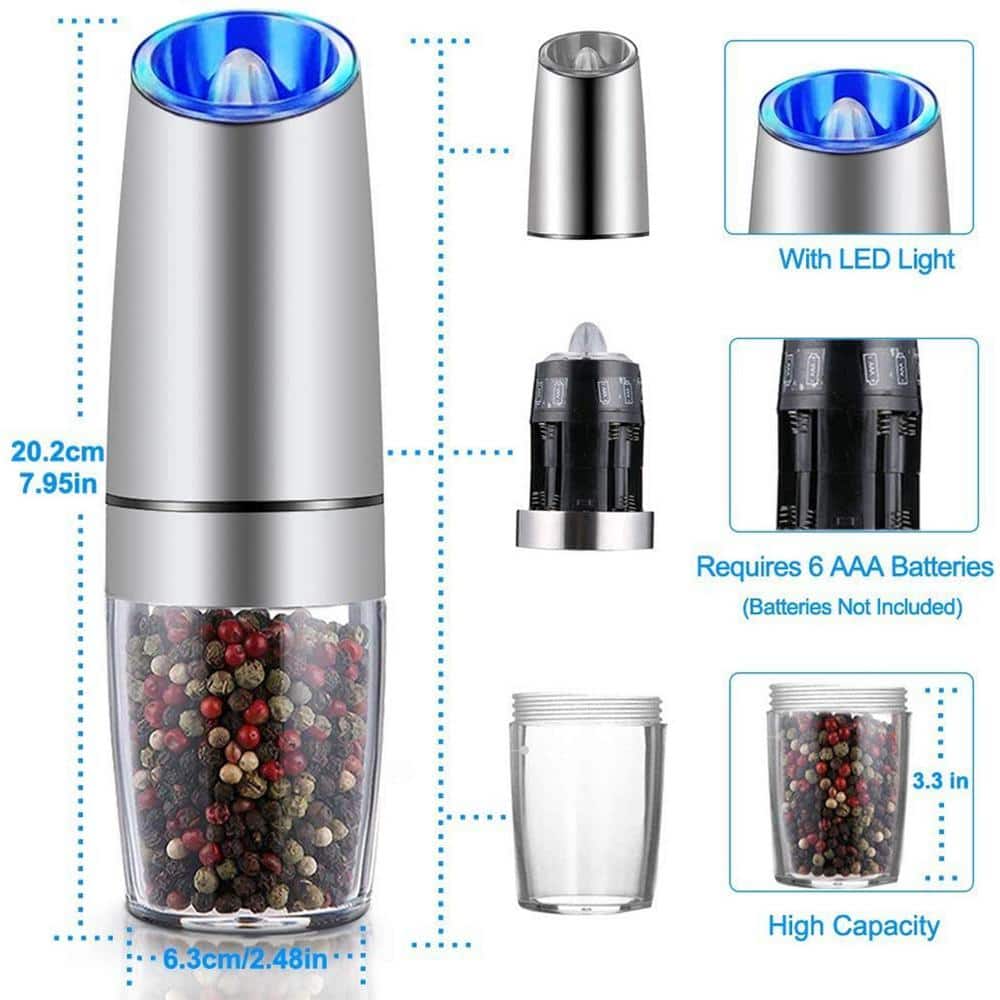 2-Pack Stainless Steel Black Gravity Electric Automatic Pepper and Salt Grinder Set; Battery Powered with LED Light - Hercitys