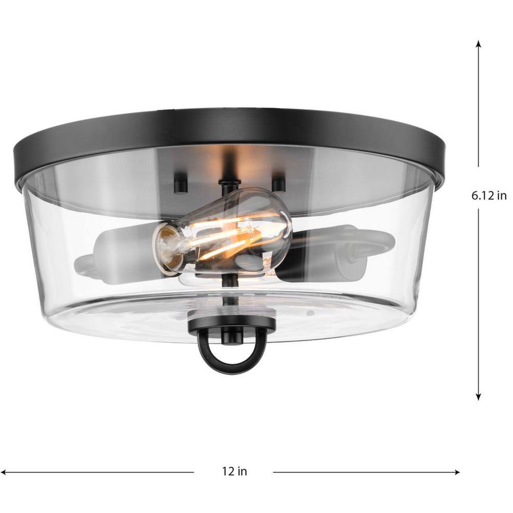 12 in. 60-Watt Huntscroft Collection 2-Light Matte Black No Bulbs Included Flush Mount with Clear Glass Shade - Hercitys