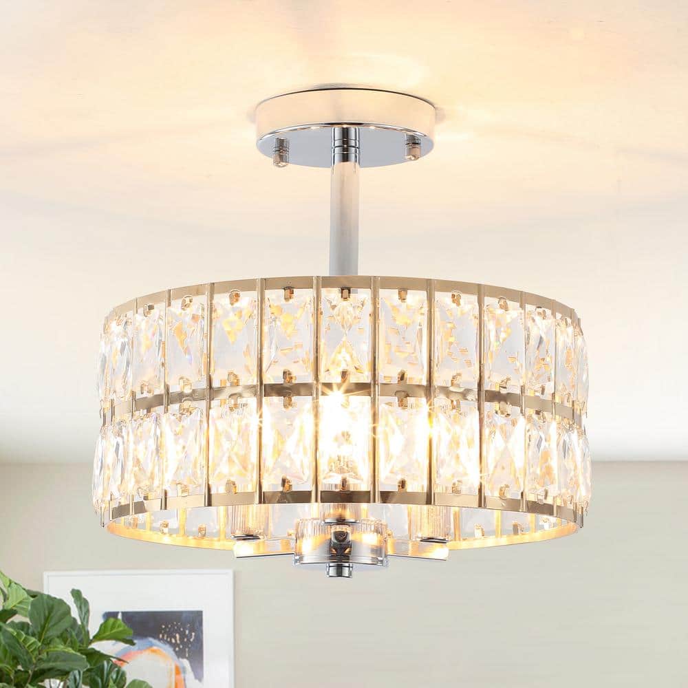 12.59 in. 3-Light Chrome Round Drum Semi-Flush Mount Ceiling Light with Clear Crystal and No Bulbs Included - Hercitys