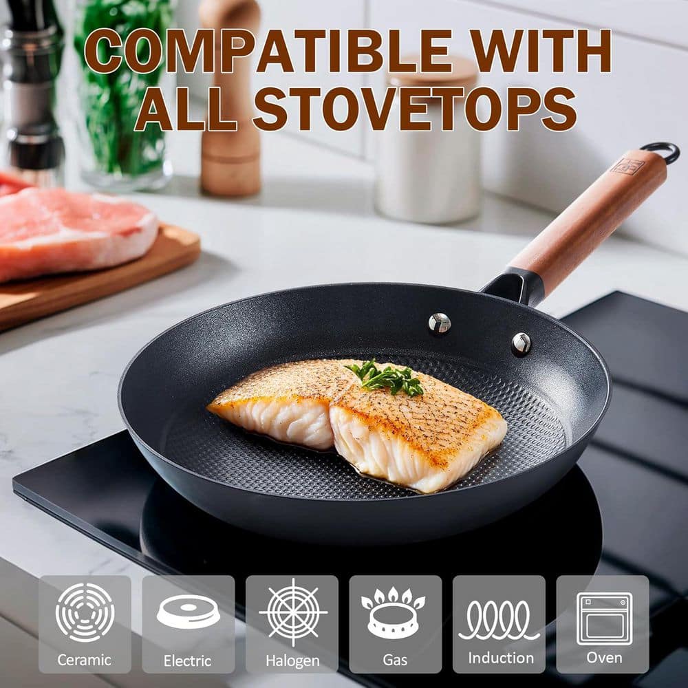 12 in. Cast Iron Nonstick Frying Pan Skillet with Detachable Acacia Wooden Handle, Honeycomb Non Stick Omelet Egg Pan - Hercitys
