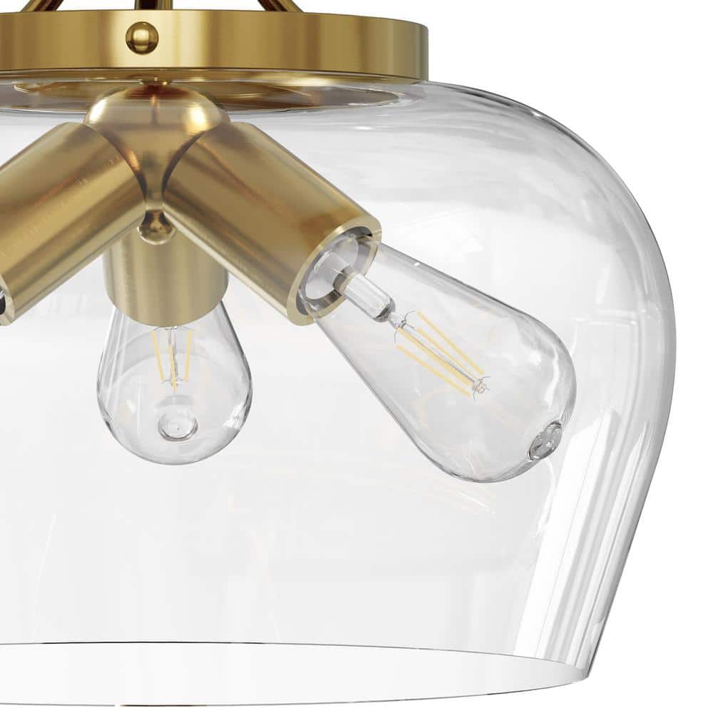 11 in. 3-Light Antique Brass Semi-Flush Mount Ceiling Light with Glass Shade - Hercitys