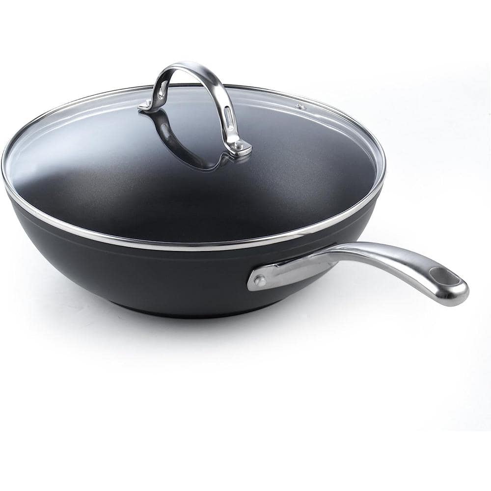11 in. Hard-Anodized Nonstick Stir-Fry Wok with Glass Lid Stainless Handle Oven Safe, Gas & Electric Stovetop Compatible - Hercitys