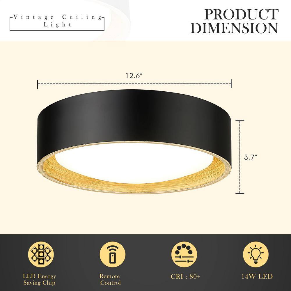 3000K-6500K 14-Watt Integrated LED 12.6 in Black and Wood Grain Flush Mount with Metal Shade and No Bulbs Included - Hercitys