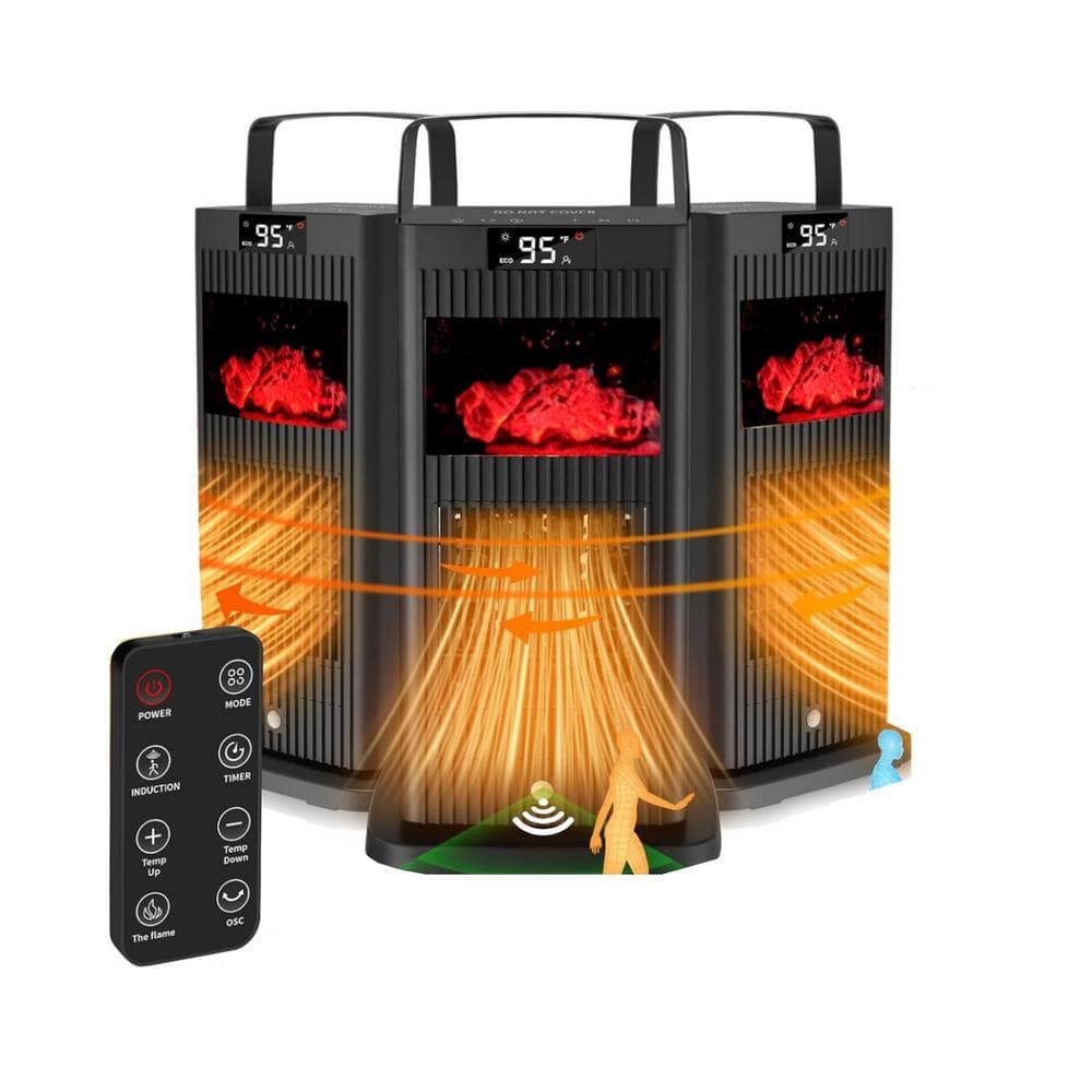 14 in.H 1500W Space Heater Oscillating Electric Ceramic Room Radiant Heater with Infrared Sensor,Fireplace Flame Effect - Hercitys
