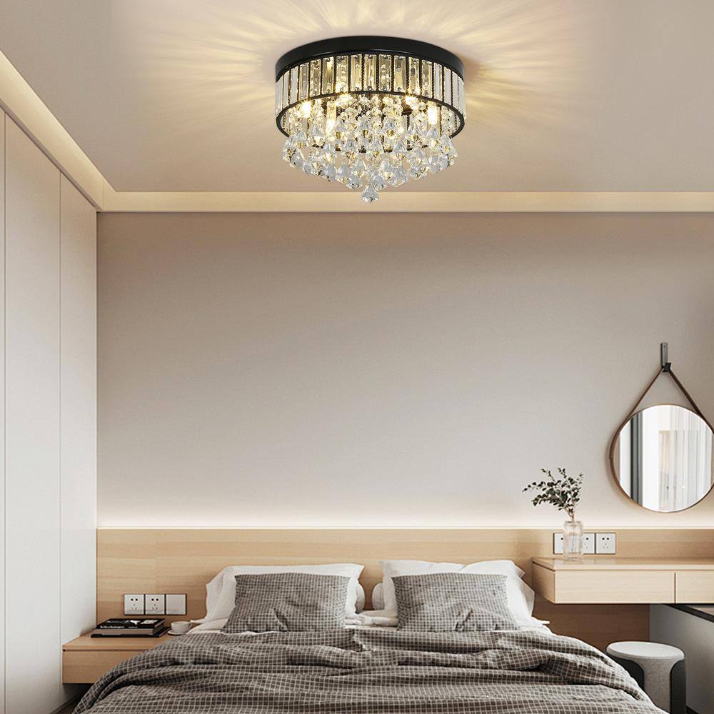 13.77 in. 6-Light Black Modern Round Flush Mount Ceiling Light with Clear Crystal Shade and No Bulbs Included - Hercitys
