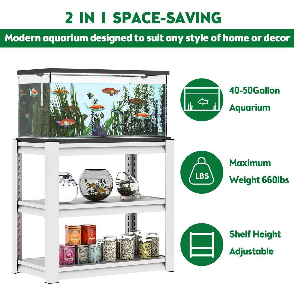3-Tier Kitchen Pantry, Fish Tank Stand, Metal Aquarium Stand, Adjustable Heavy Duty Reptile Tank in White - Hercitys