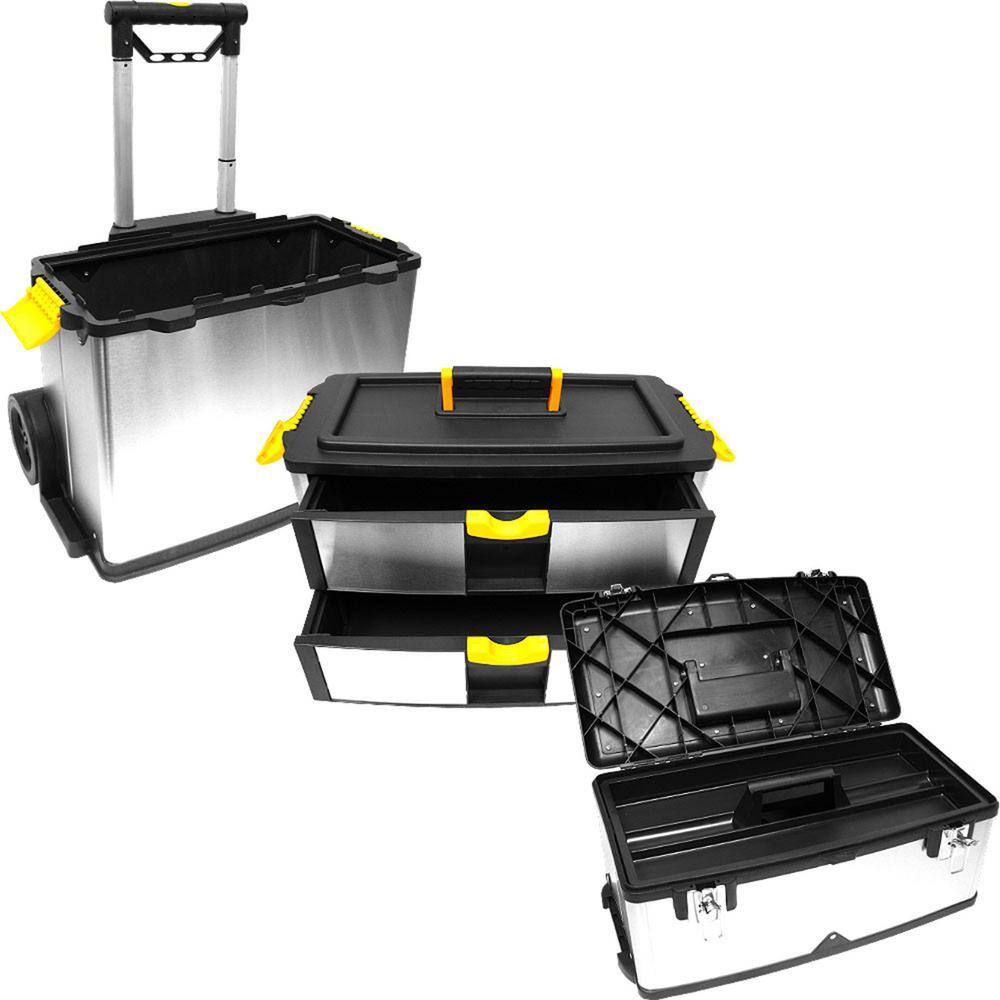 22.25 in. W 3-Drawer Stainless Steel Portable Rolling Tool Box – Upright Chest with Extending Handle - Hercitys