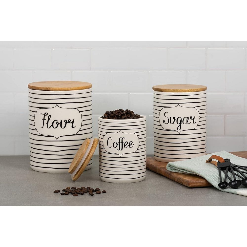 3 Piece Set Ceramic/Bamboo Coffee, Sugar, Flour Kitchen Canister, Everyday Black/White - Hercitys