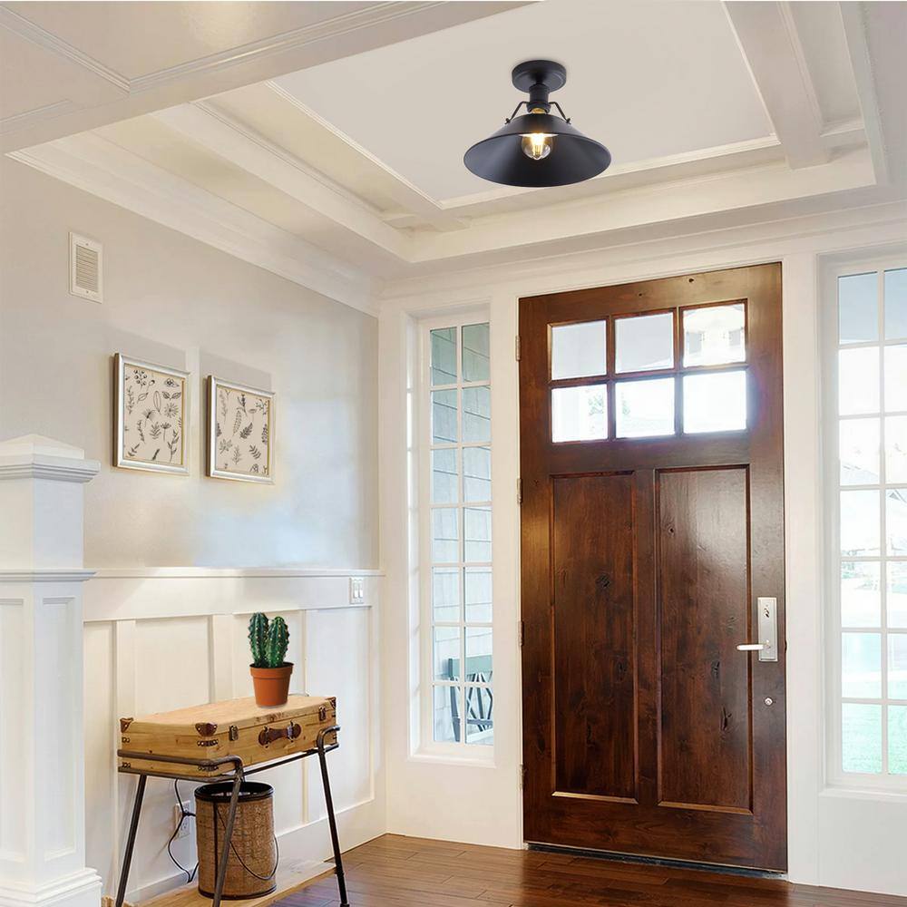 12 in. 1-Light Farmhouse Black Semi-Flush Mount Light Industrial Close to Ceiling Lighting - Hercitys