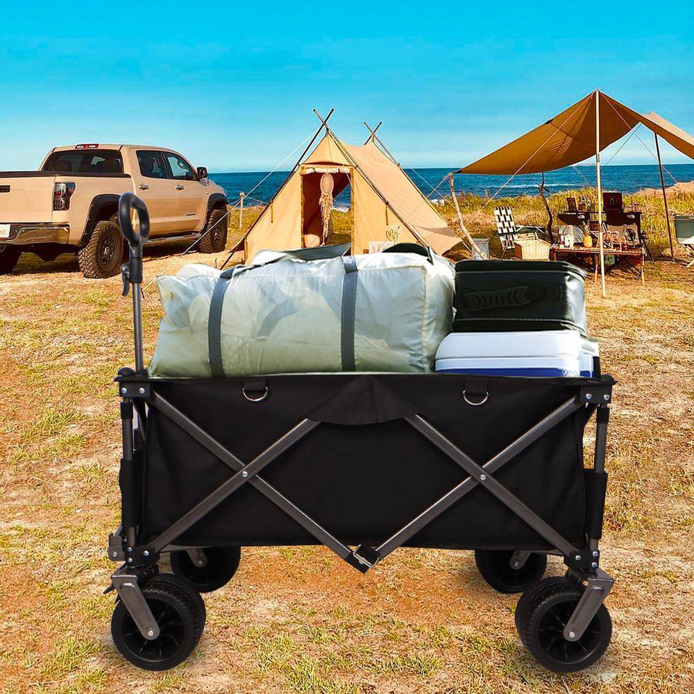 270 lbs. Capacity 4.5 cu. ft. Folding Fabric Utility Wagon Beach Serving Garden Cart with Adjustable Handle (Black) - Hercitys