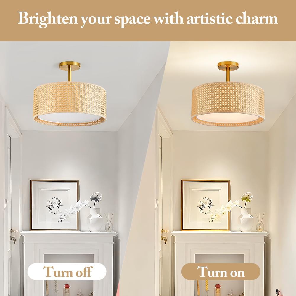 15.7 in. 3-Light Copper Rattan Semi-Flush Mount Ceiling Light - Hercitys