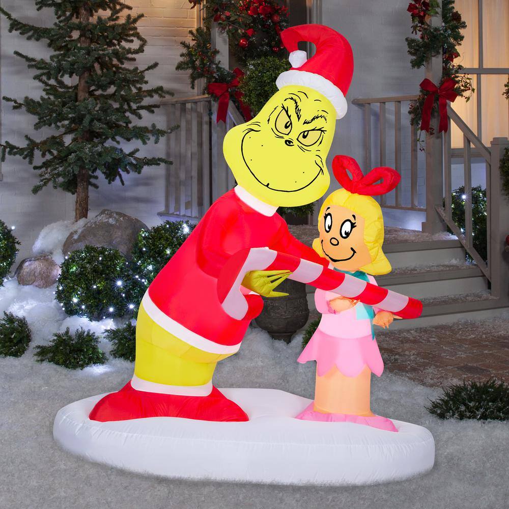 5.5 ft. H x 3 ft. W x 4 ft. L LED Lighted Christmas Inflatable Airblown-Grinch Passing Out Candy Canes to Cindy Lou-LG - Hercitys