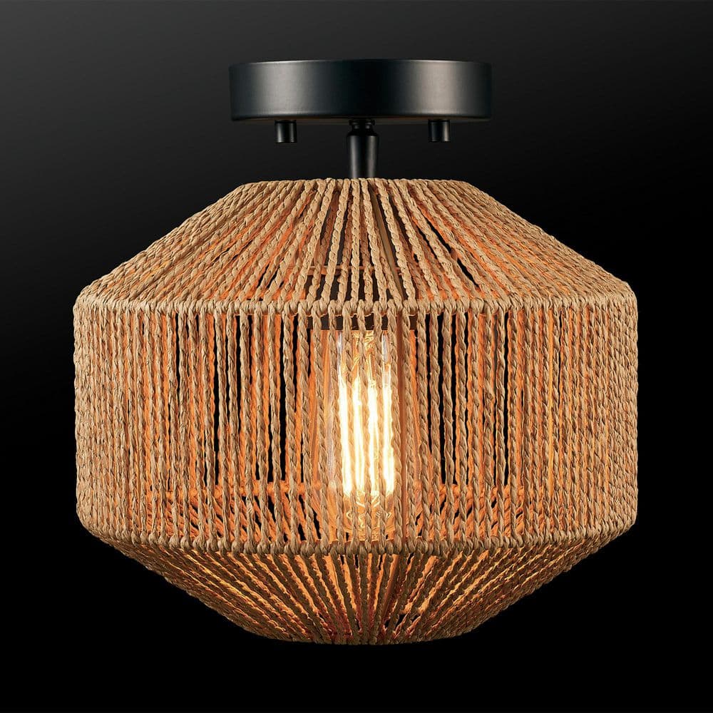 10.25 in. 1-Light Matte Black Semi-Flush Mount Ceiling Light with Paper Twine Shade - Hercitys