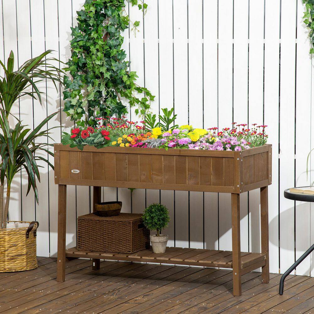 43 in. x 18 in. x 30 in. Brown Raised Garden Bed with 8 Pockets and 1 Shelf, Wooden Elevated Planter Box with Legs - Hercitys