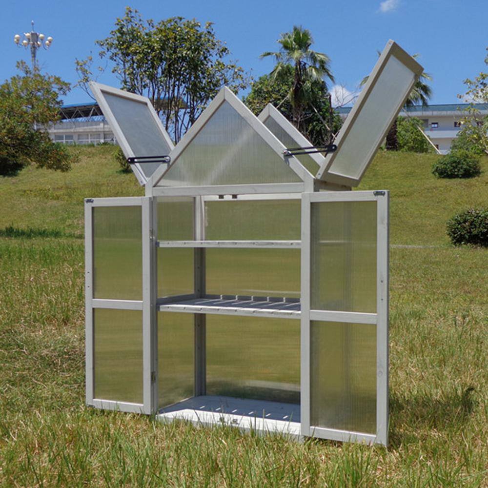 27.55 in. W x 16.14 in. D x 52.36 in. H Wood Gray Mini Greenhouse with Adjustable Roof Panels, Adjustable Shelf - Hercitys