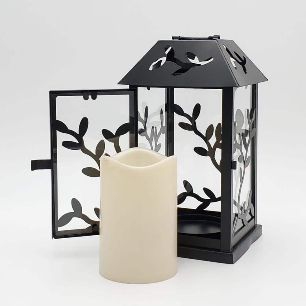 5.3 in. x 9 in. Black Vine Metal Lantern with LED Candle - Hercitys