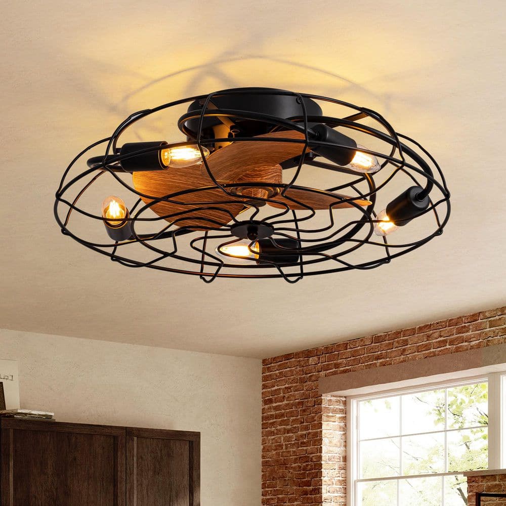 22 in. Indoor Black Caged Ceiling Fan with Light and Remote for Bedroom Dining Room - Hercitys
