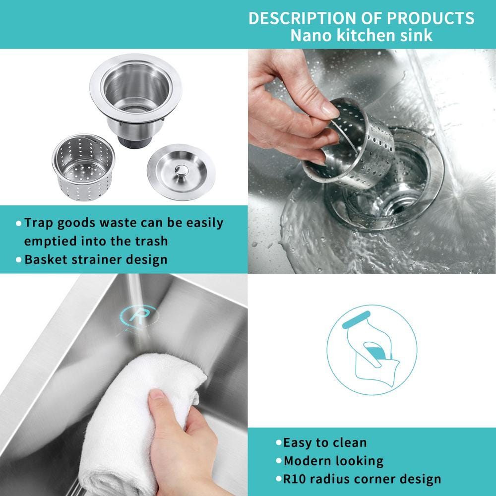 30 in Undermount Single Bowl 20 Gauge Stainless Steel Kitchen Sink with Strainer - Hercitys