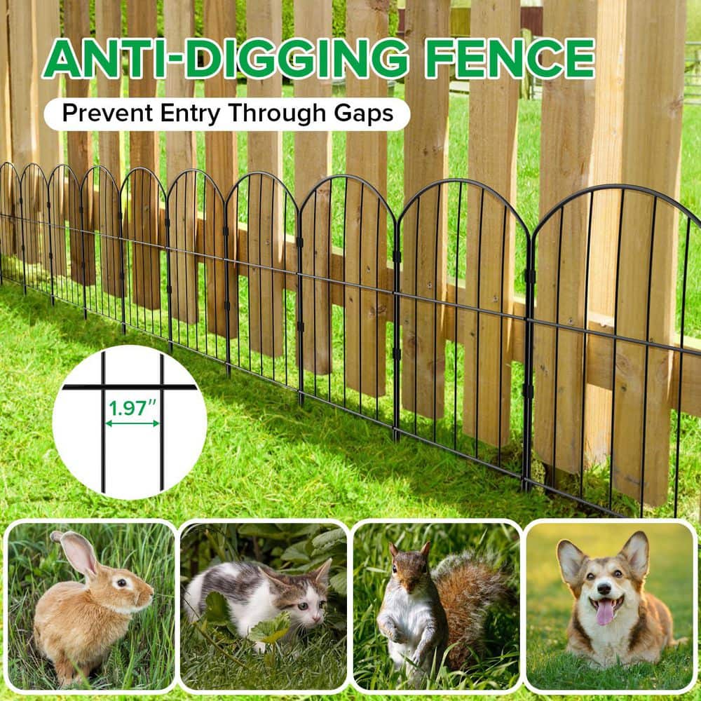 24 in. Black Metal Garden Fence, 10-Panels, 10.5 ft. Length, Easy Install - Hercitys
